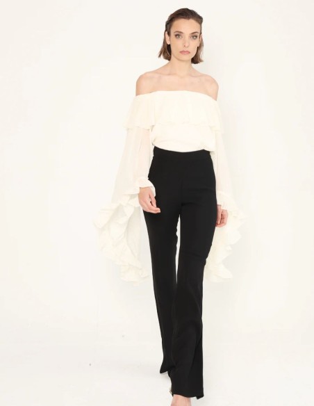 Ecru boho style blouse with chiffon bardot neckline