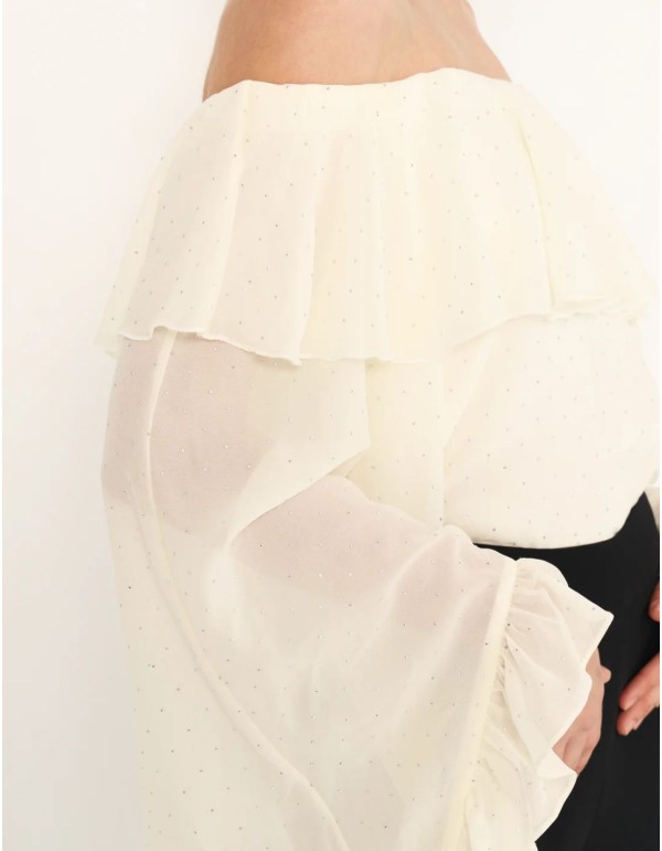 Ecru boho style blouse with chiffon bardot neckline 2