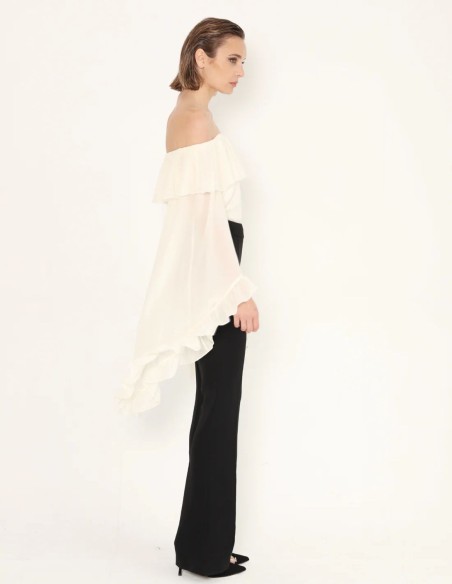 Ecru boho style blouse with chiffon bardot neckline