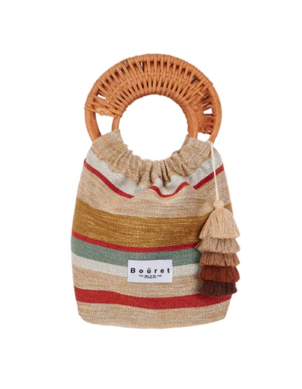 Striped upholstery fabric bag with rattan handles 2