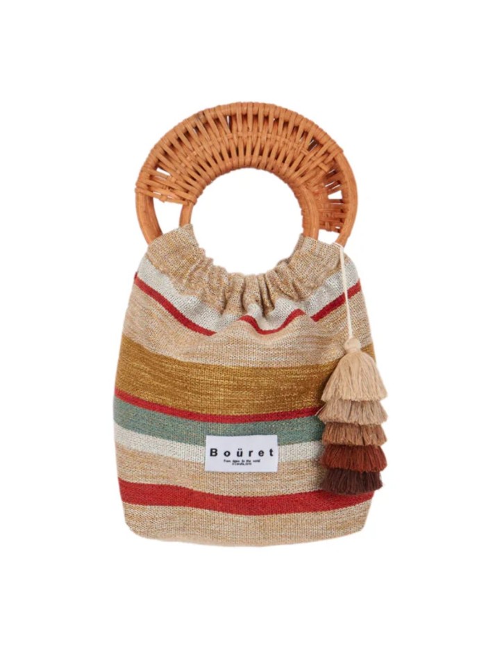 Striped upholstery fabric bag with rattan handles