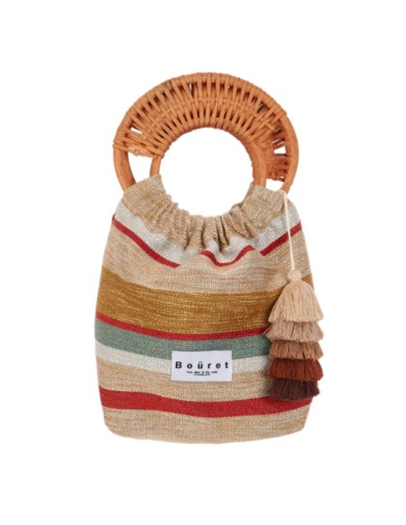 Striped upholstery fabric bag with rattan handles