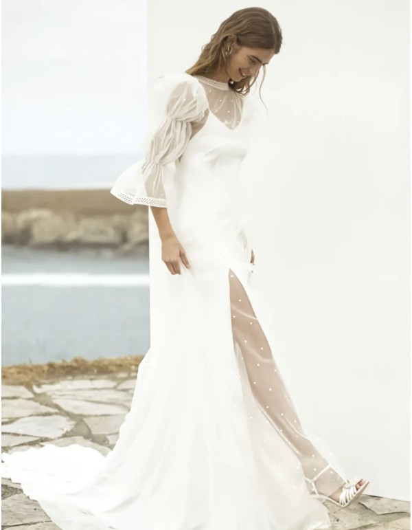 Lingerie wedding dress with plumeti overdress and puffed...