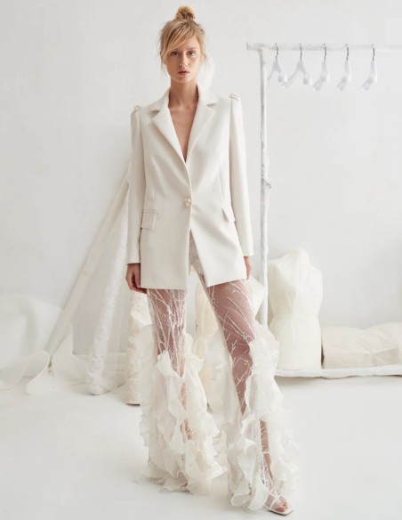 Bridal outfit with rhinestone pants and jacket with pearl buttons