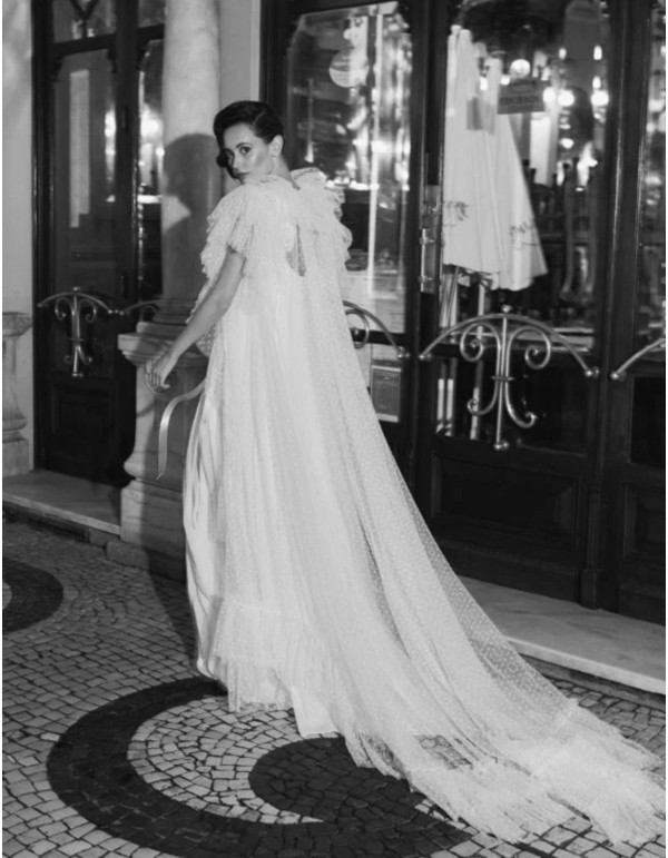 Embroidered plumeti bridal coat with ruffled sleeves and...