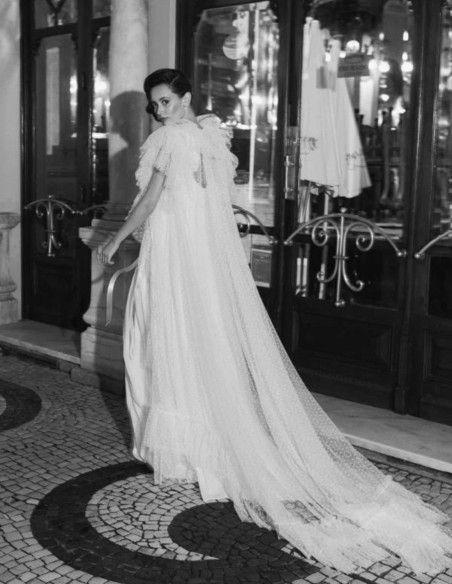 Embroidered plumeti bridal coat with ruffled sleeves and big train