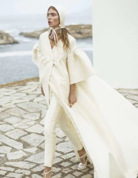 Two-piece bridal ensemble with dress-coat and pants in silk tussord
