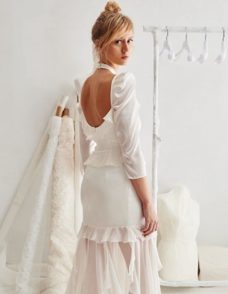 Wedding gown made of satin and silk georgette with tassels