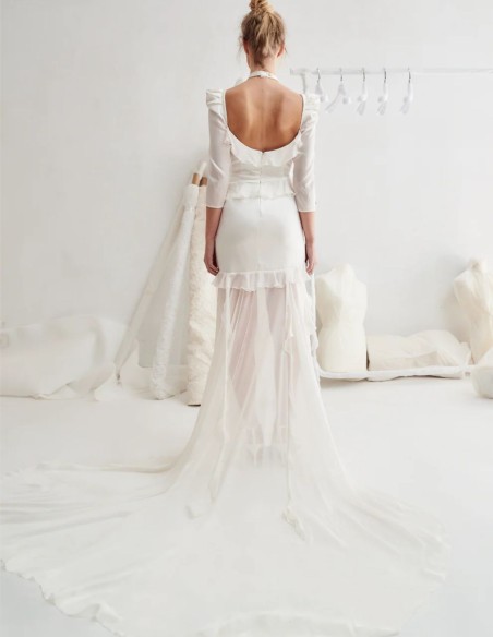 Robe de mariée en satin et georgette de soie avec pompons