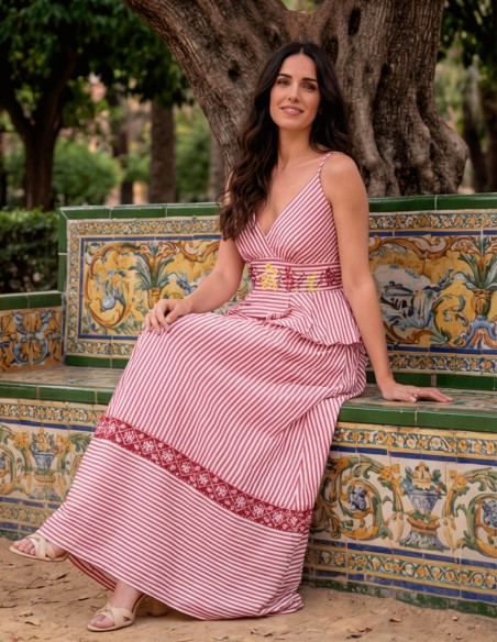 Red striped two-piece set, strapless peplum top and midi skirt. A fresh, flattering design perfect for daytime weddings.
