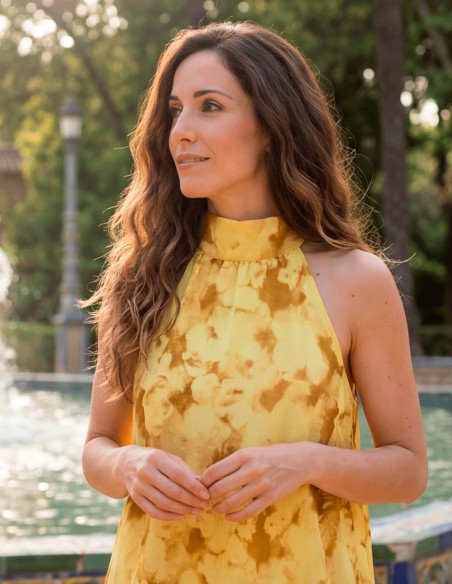 Conjunto de Invitada Amarillo Floral con Falda Midi
