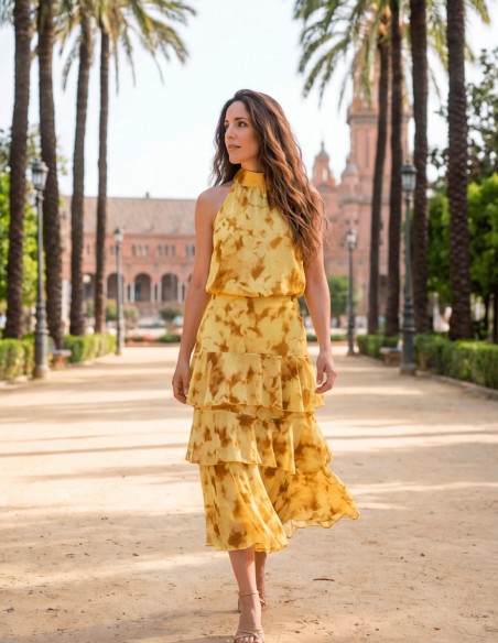 Yellow Floral Guest Ensemble with Midi Skirt