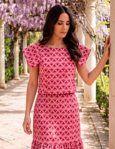 Printed Guest Set with Midi Skirt and Short Sleeves