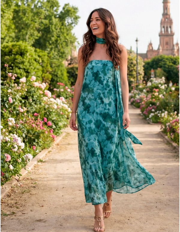 strapless Green Printed Midi Dress with Foulard