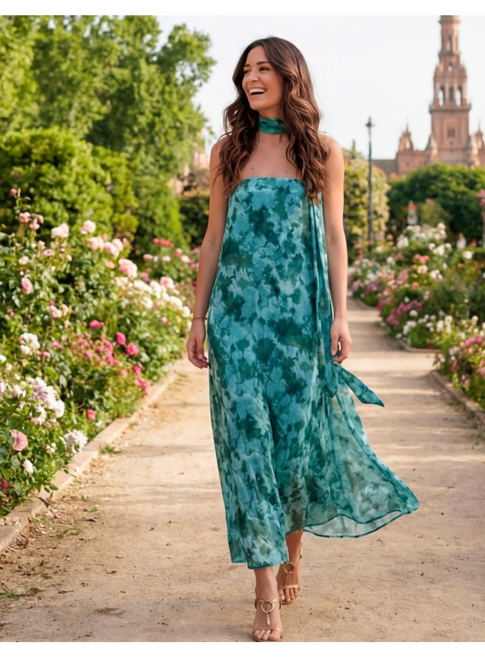 strapless Green Printed Midi Dress with Foulard