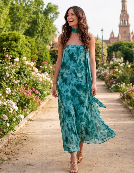 Robe midi sans bretelles en vert imprimé avec foulard assorti.