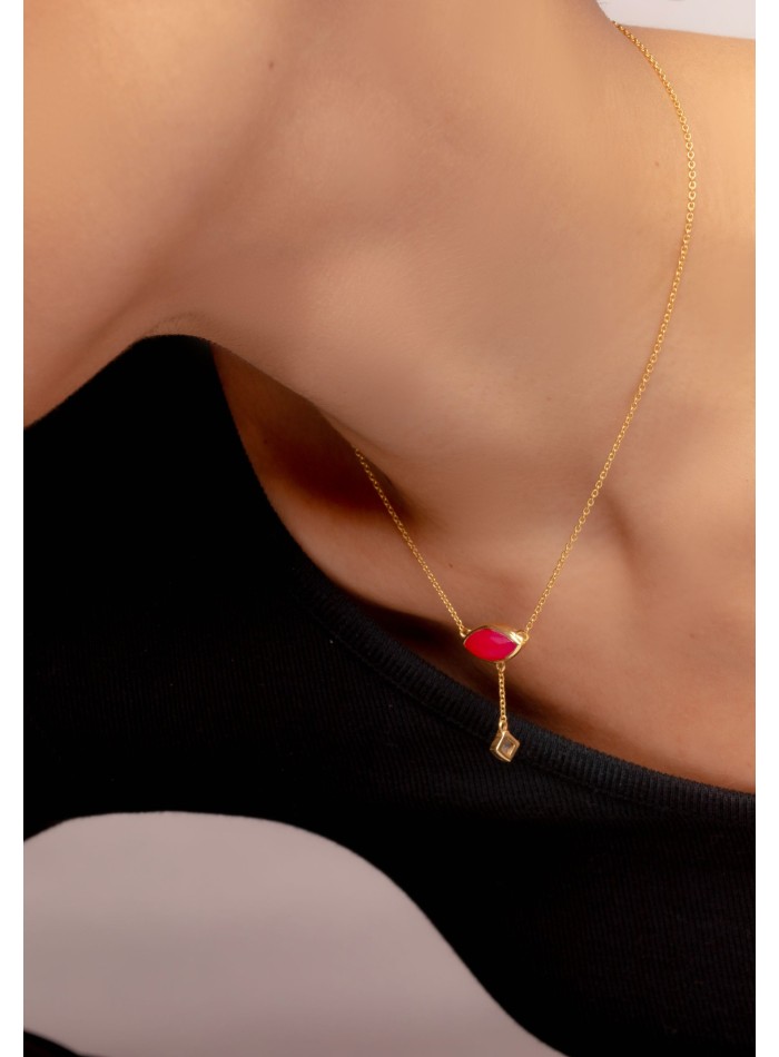 Multichain pendant with fuchsia colored stone