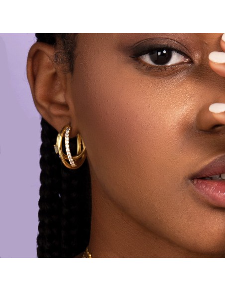 Triple gold-plated earrings with zirconia