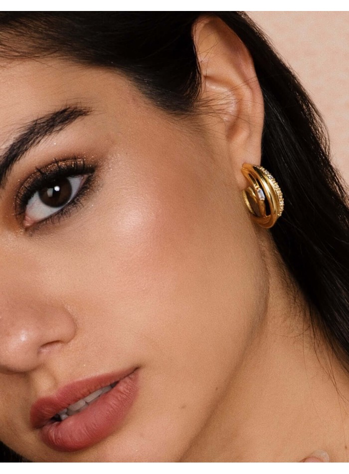Triple gold-plated earrings with zirconia