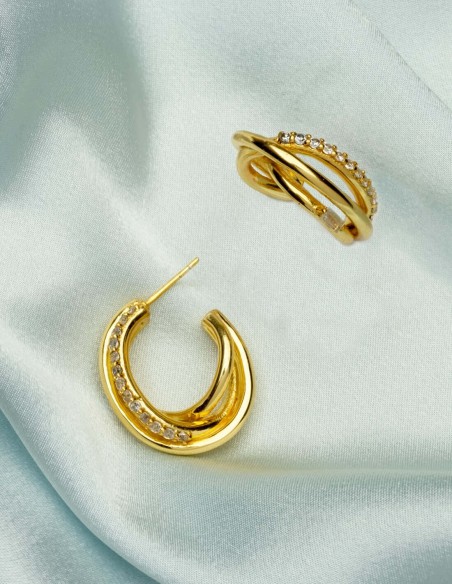 Aros triple dorados con circonitas
