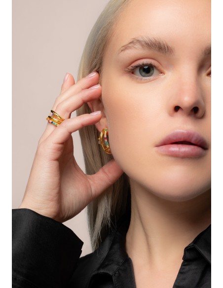 Triple golden earrings with colored stones