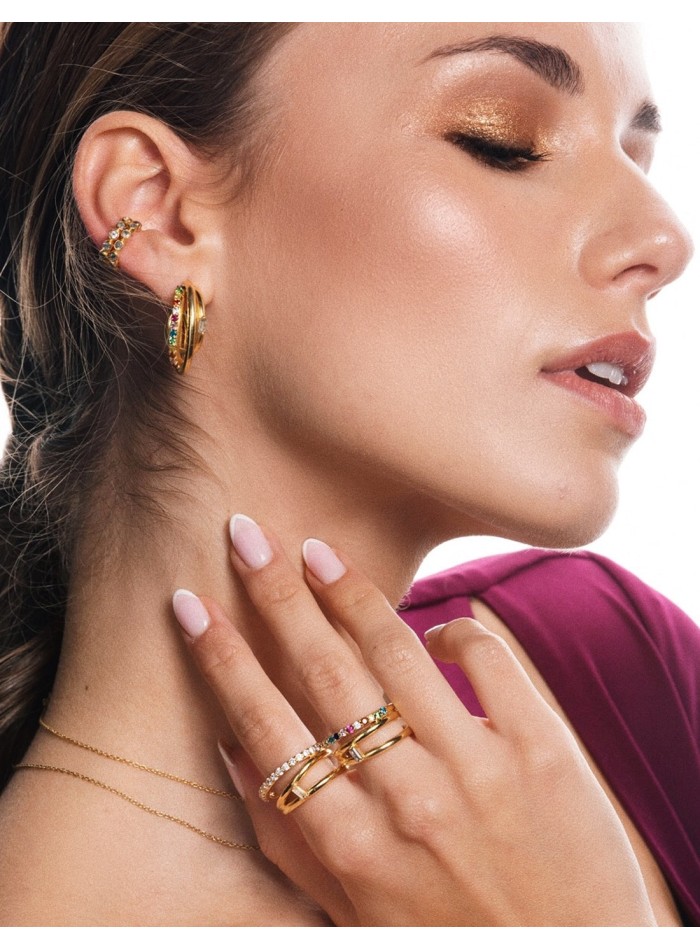 Triple golden earrings with colored stones