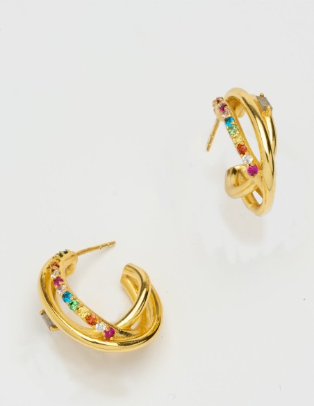 Triple golden earrings with colored stones