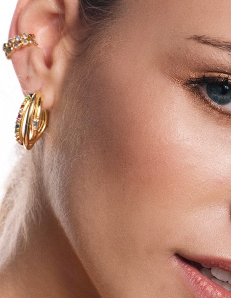 Triple golden earrings with colored stones