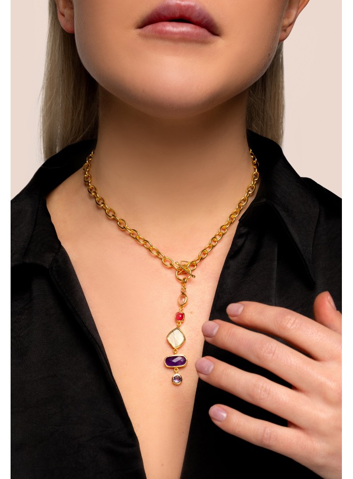 Collier avec chaîne en or et pierres de couleur
