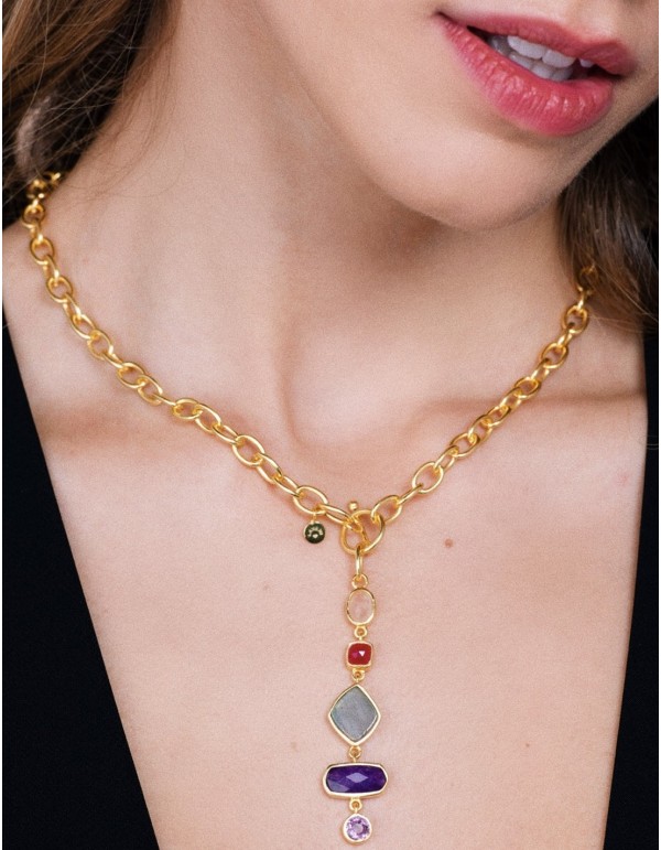 Collier avec chaîne en or et pierres de couleur
