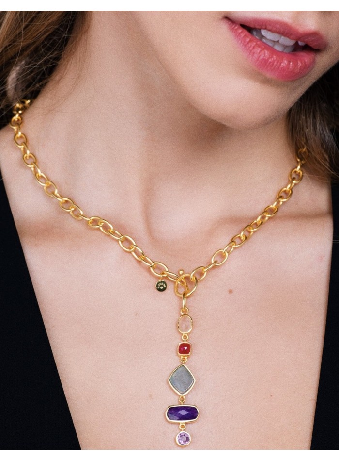 Collar de cadena dorada y piedras de color para mujer