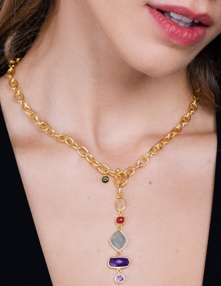 Collier avec chaîne en or et pierres de couleur