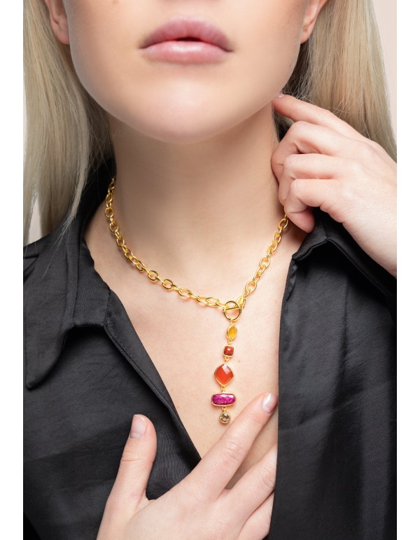 Gold plated link necklace with colored stone combination