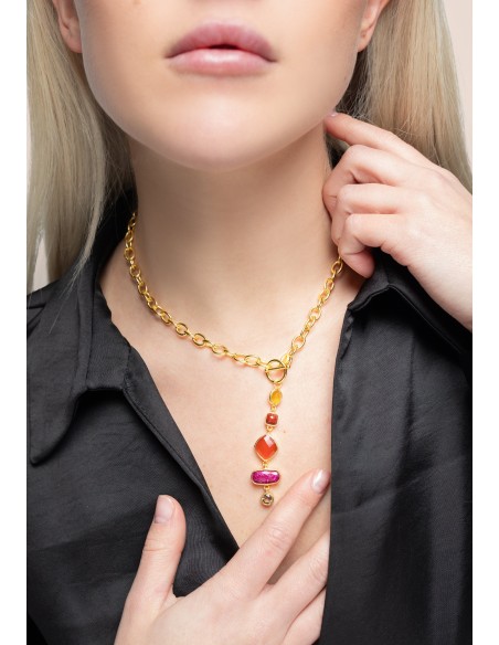 Gold plated link necklace with colored stone combination