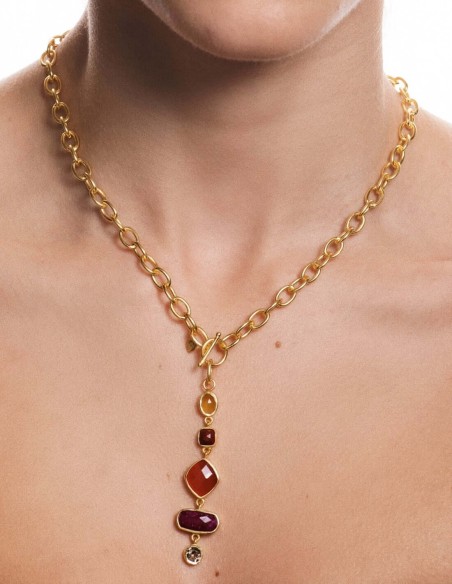 Gold plated link necklace with colored stone combination