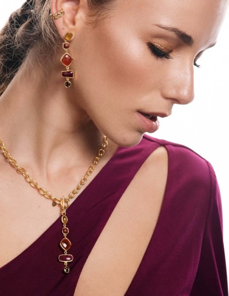 Gold plated link necklace with colored stone combination