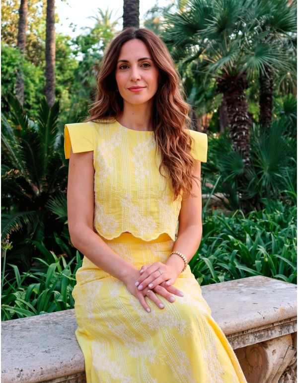 Yellow embroidered wedding guest ensemble 2