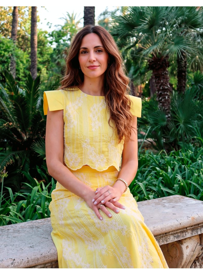 Yellow embroidered wedding guest ensemble