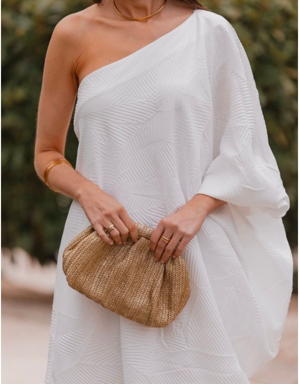 Gold raffia bag with long chain