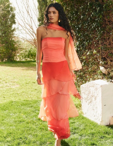 Flowing chiffon midi skirt with asymmetrical layers in coral color