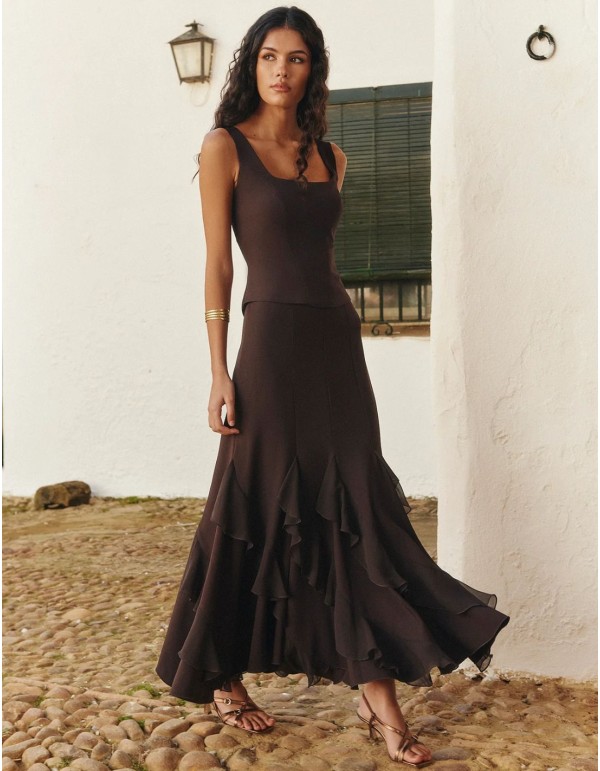 Jupe midi marron avec volants asymétriques en mousseline...