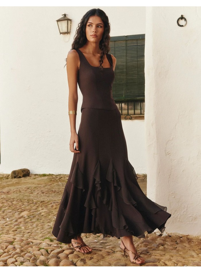 Brown midi skirt with asymmetrical chiffon ruffles