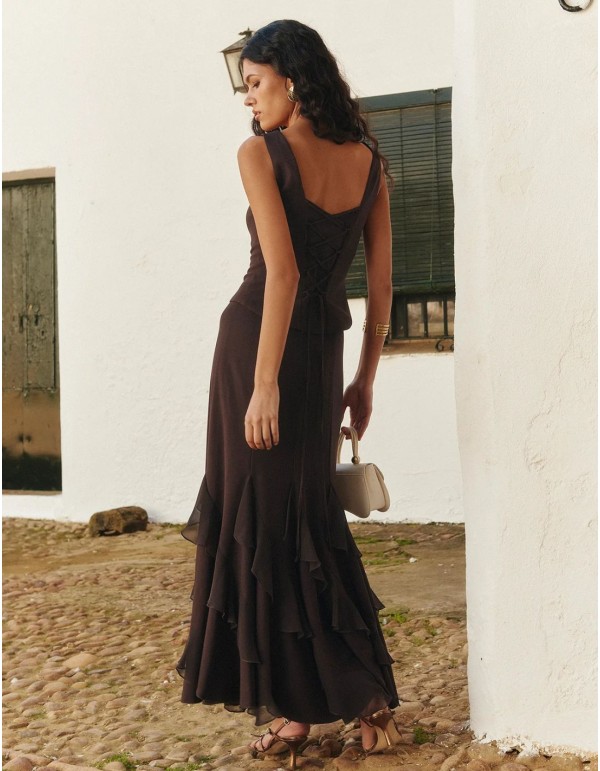 Jupe midi marron avec volants asymétriques en mousseline... 2