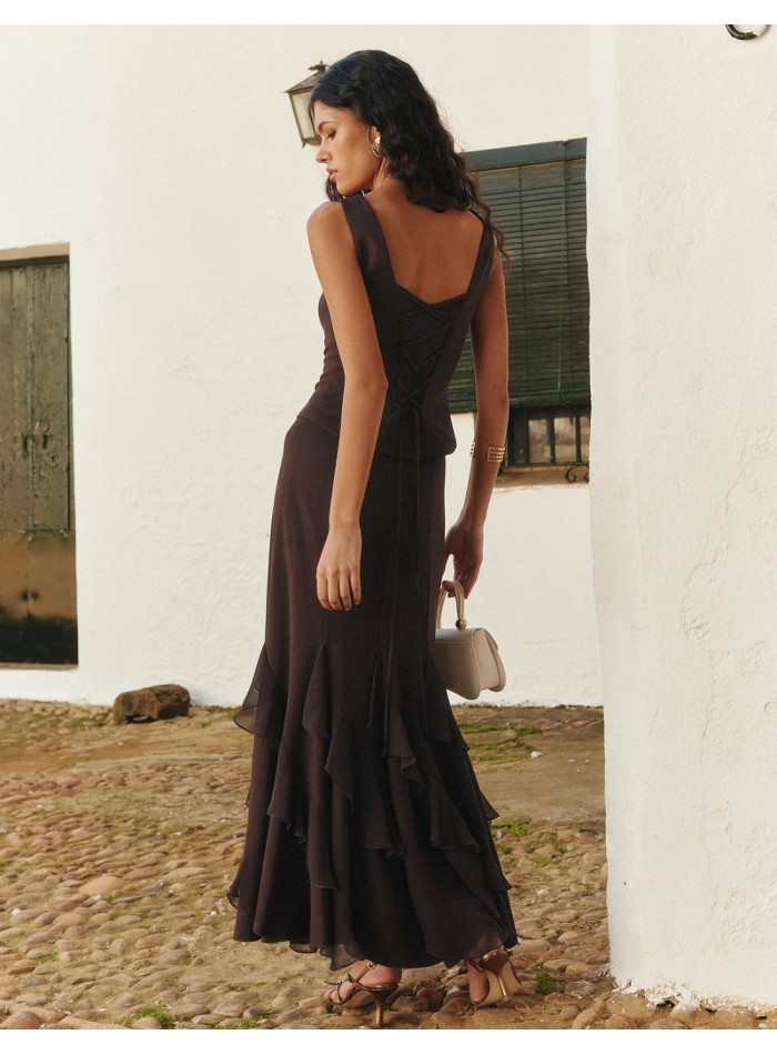 Brown midi skirt with asymmetrical chiffon ruffles