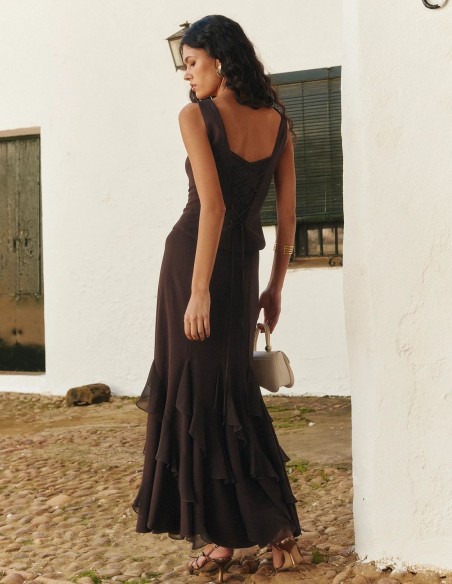 Jupe midi marron avec volants asymétriques en mousseline de soie