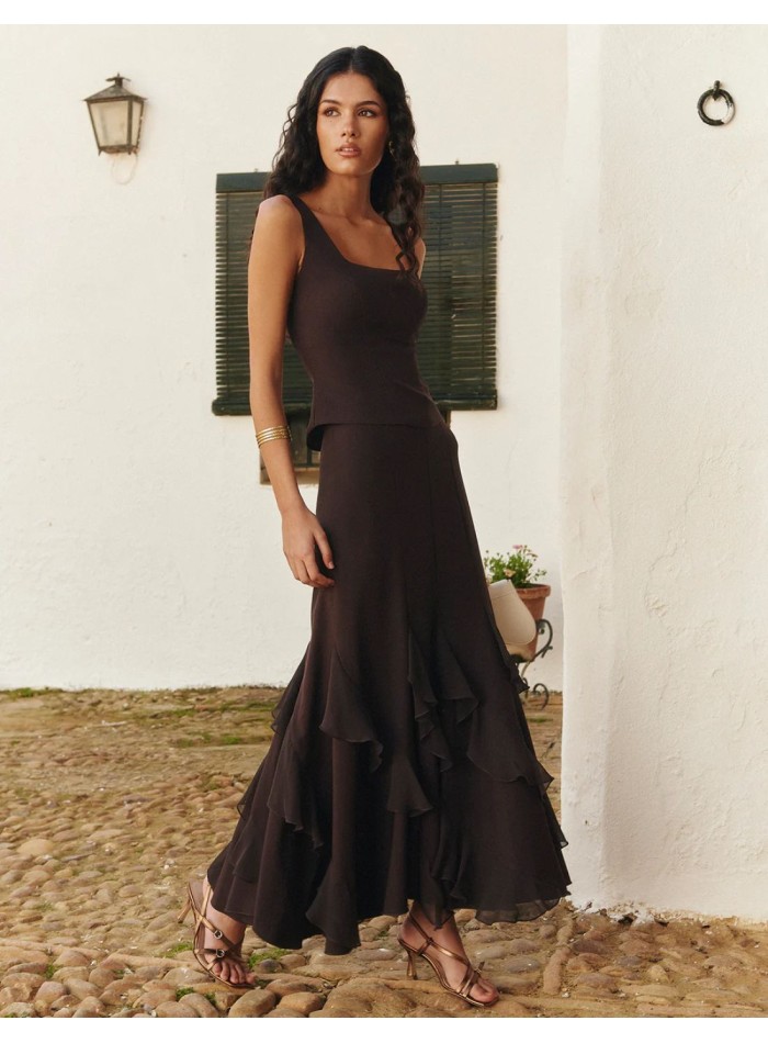 Brown midi skirt with asymmetrical chiffon ruffles