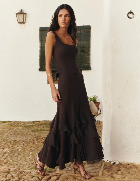 Brown midi skirt with asymmetrical chiffon ruffles