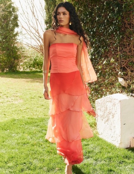 Vaporous chiffon cape with coral gradient effect