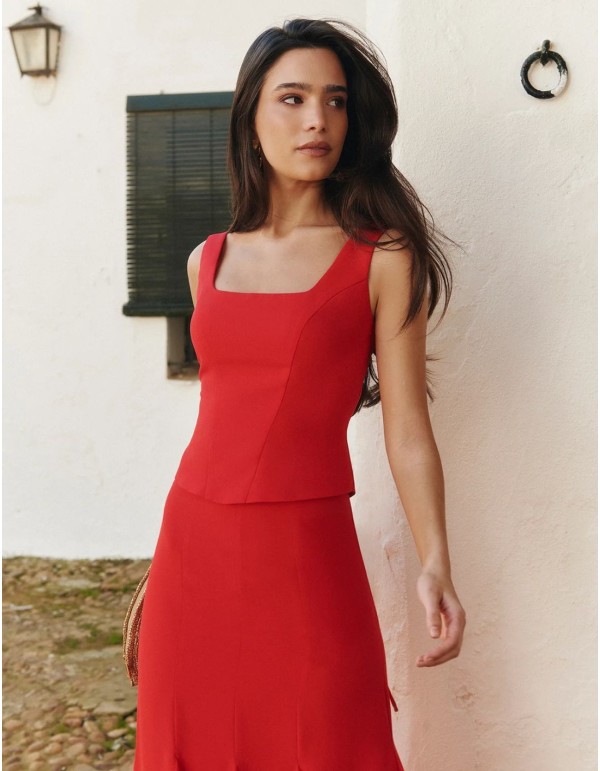 Top corseté rouge à encolure carrée
