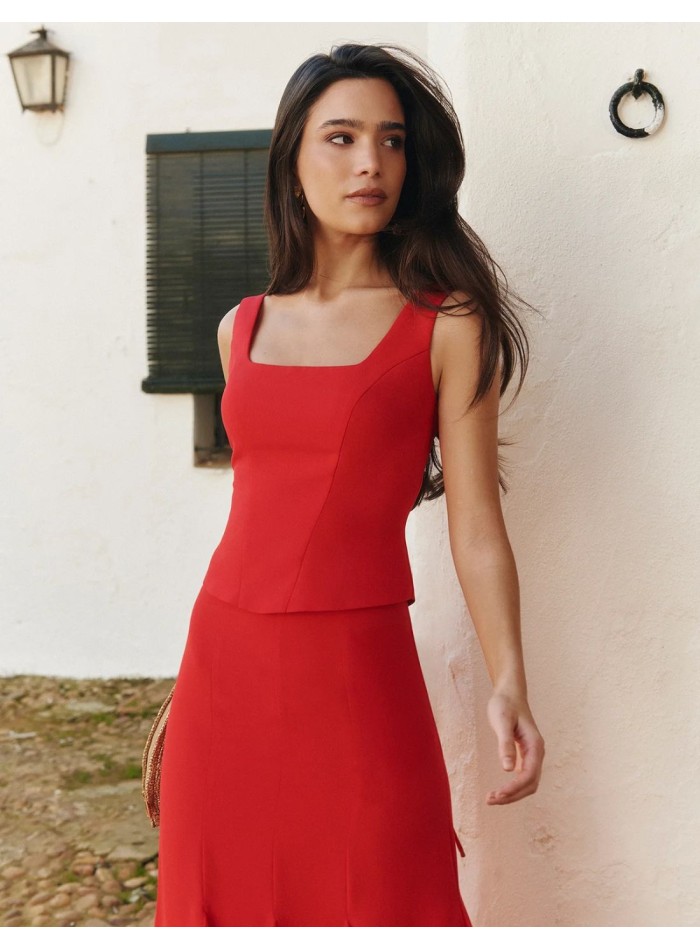 Top corseté rouge à encolure carrée